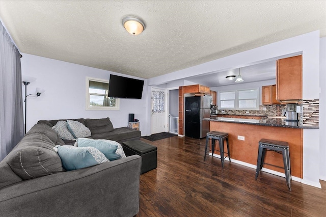 living room featuring a textured ceiling and dark hardwood / wood-style flooring