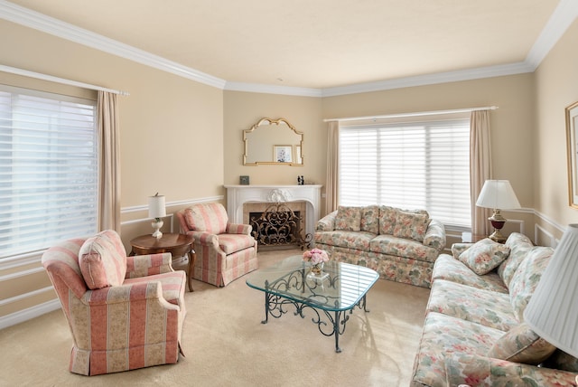 living room featuring ornamental molding and light carpet