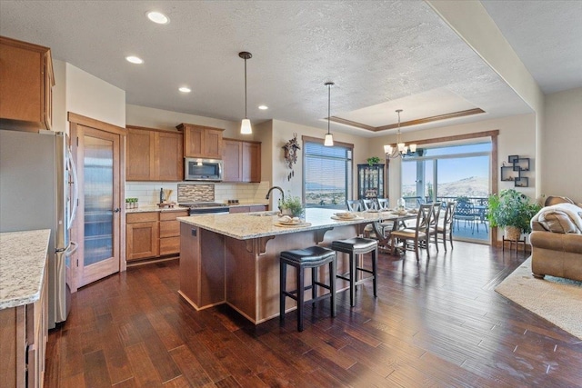 kitchen featuring sink, a kitchen island with sink, stainless steel appliances, and dark hardwood / wood-style flooring