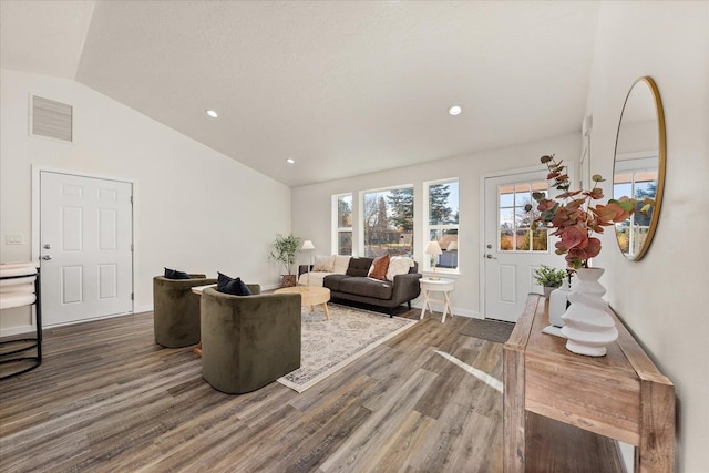 living room featuring lofted ceiling and dark hardwood / wood-style floors