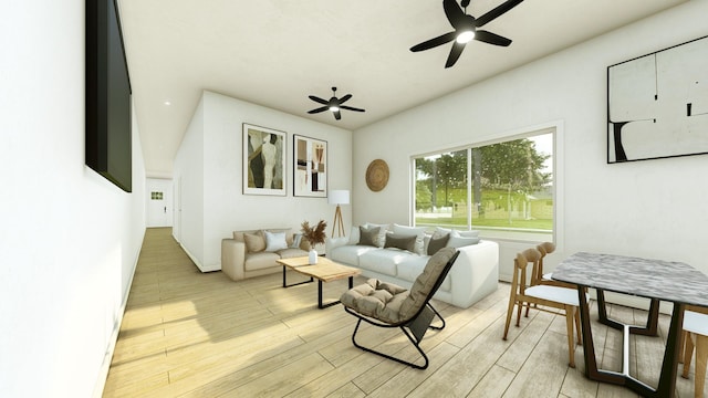 living room featuring light hardwood / wood-style flooring and ceiling fan