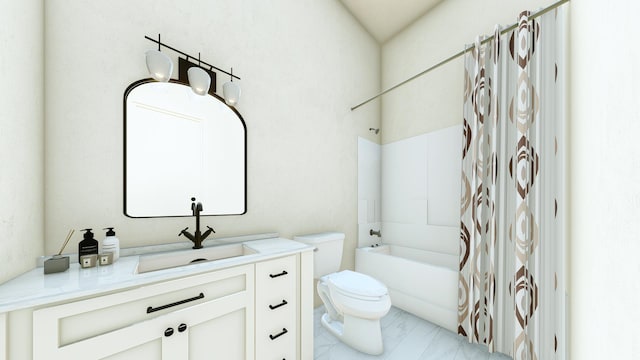 full bathroom with toilet, vanity, and shower / tub combo