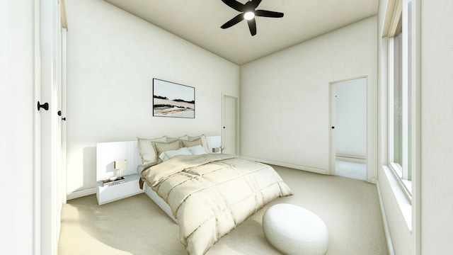 bedroom featuring ceiling fan and light carpet