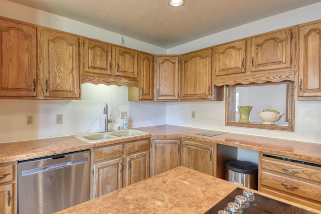 3224 E 28th Ave, Spokane, WA 99223 - kitchen with a sink, brown cabinets, recessed lighting, light countertops, and stainless steel dishwasher