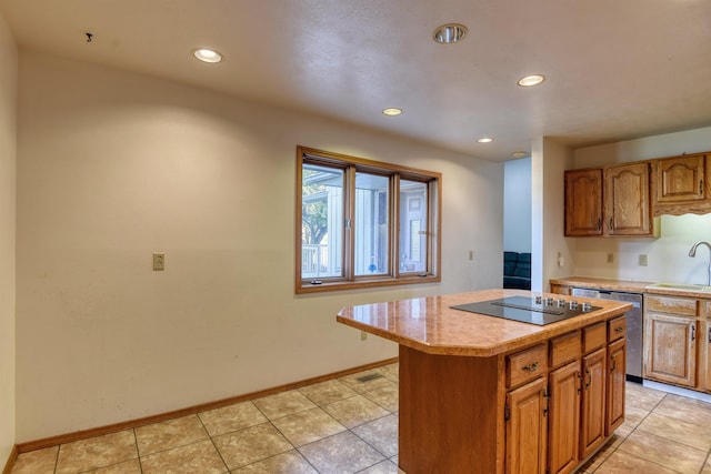 kitchen featuring light tile patterned floors, a kitchen island, dishwasher, black electric stovetop, and sink