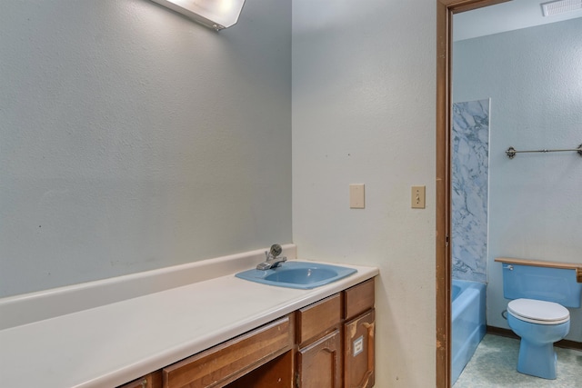 full bathroom featuring vanity, toilet, and separate shower and tub