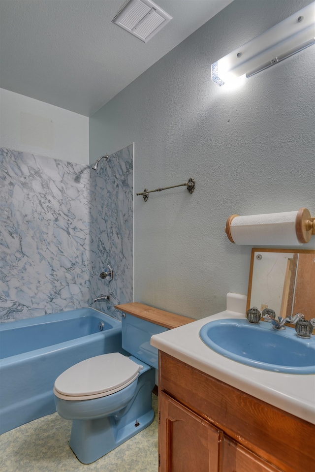 full bathroom featuring bathtub / shower combination, vanity, and toilet