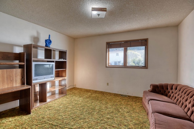 carpeted living room with a textured ceiling