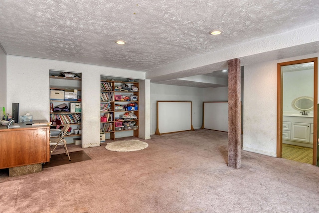 basement with a textured ceiling and carpet floors