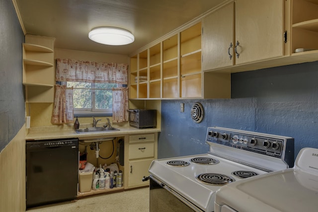 kitchen featuring sink, dishwasher, white electric range, and separate washer and dryer