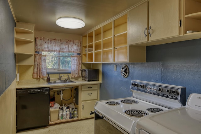 3224 E 28th Ave, Spokane, WA 99223 - kitchen with black dishwasher, white electric stove, a sink, open shelves, and light countertops