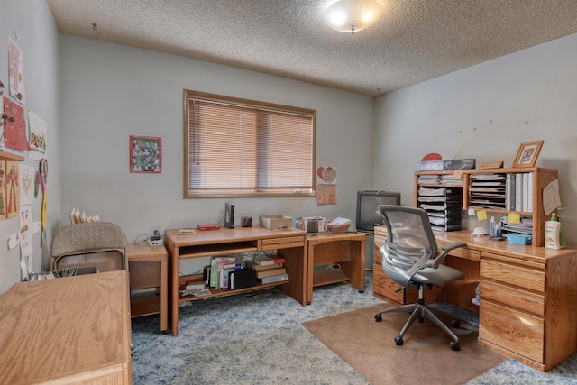 carpeted office featuring a textured ceiling