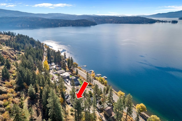 drone / aerial view featuring a water and mountain view