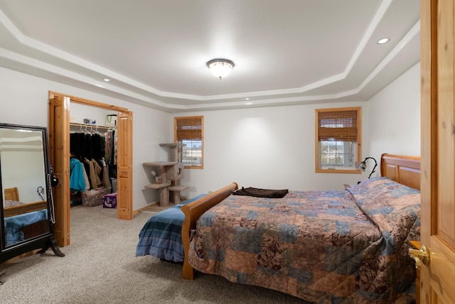 bedroom with a closet, a raised ceiling, multiple windows, and a walk in closet