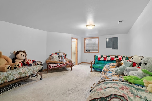 living room featuring electric panel and carpet floors