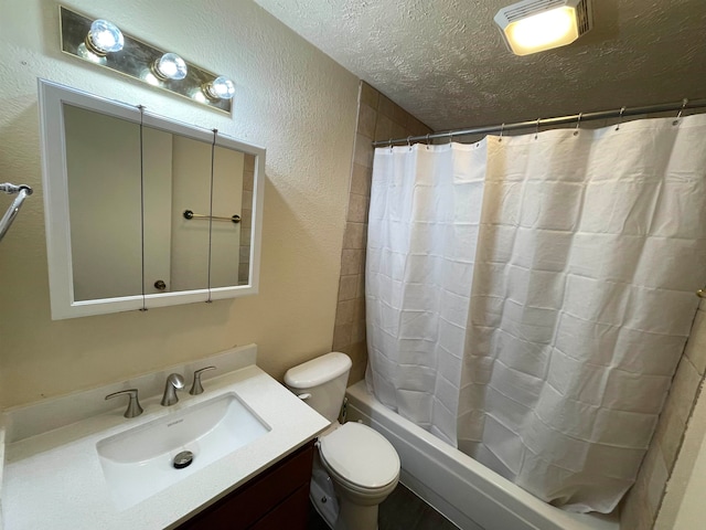 full bathroom with vanity, a textured ceiling, toilet, and shower / bath combination with curtain