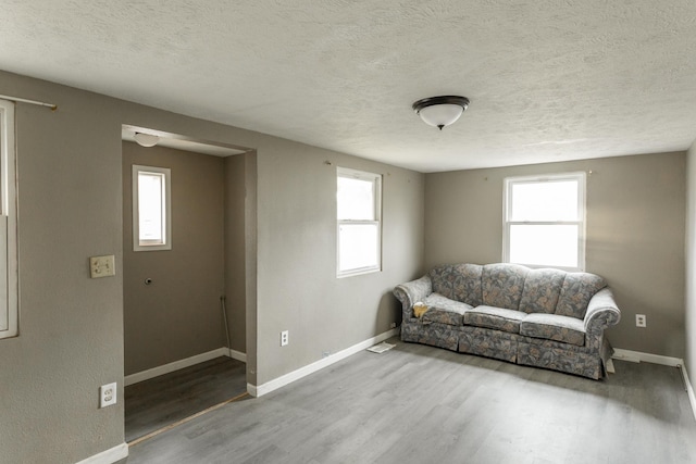 living area featuring a healthy amount of sunlight, a textured ceiling, and wood-type flooring