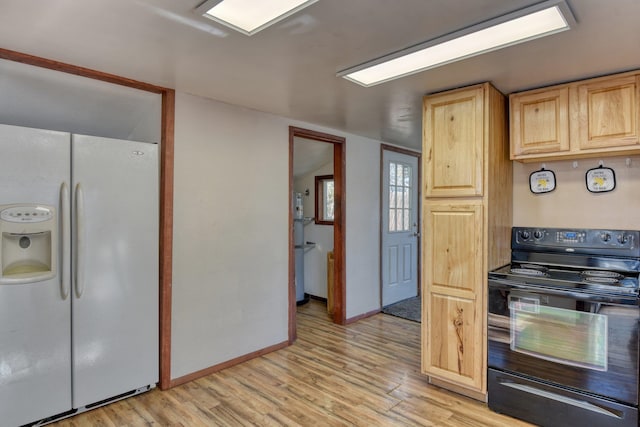 kitchen with white fridge with ice dispenser, black electric range, light brown cabinets, and light hardwood / wood-style flooring