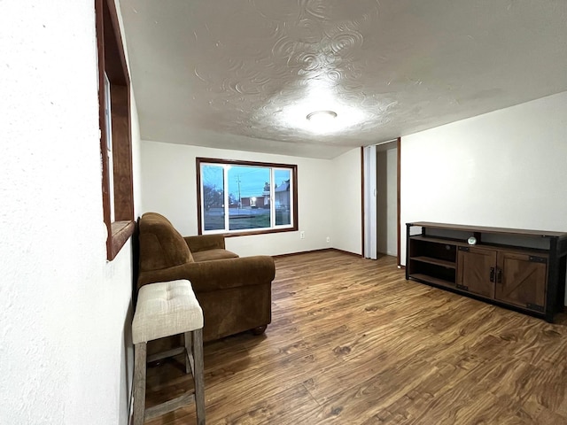 living area with a textured ceiling and dark hardwood / wood-style flooring