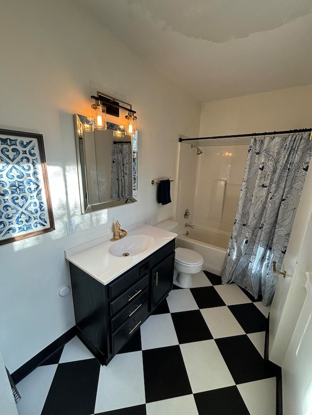 full bathroom featuring vanity, shower / bath combination with curtain, and toilet