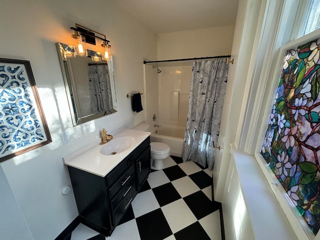 full bathroom with shower / bath combo, vanity, and toilet