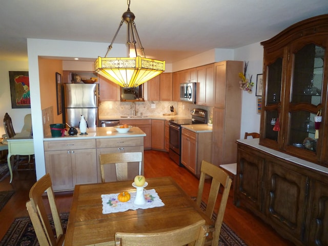 dining area featuring sink and dark wood-type flooring