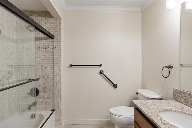 full bathroom featuring tile patterned floors, ornamental molding, vanity, bath / shower combo with glass door, and toilet