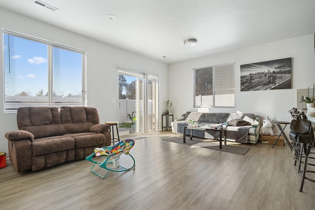 living room with light hardwood / wood-style flooring