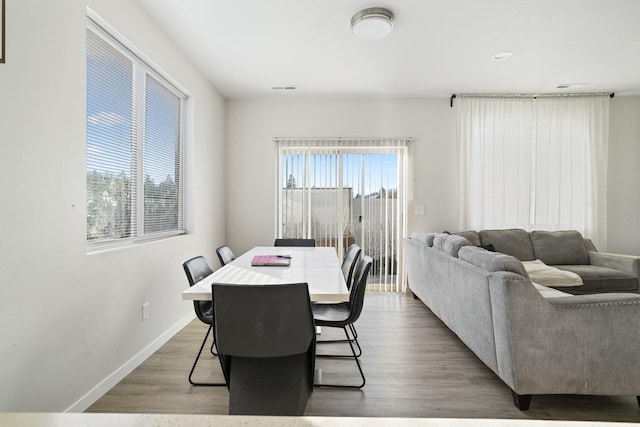 dining space featuring a wealth of natural light and wood-type flooring