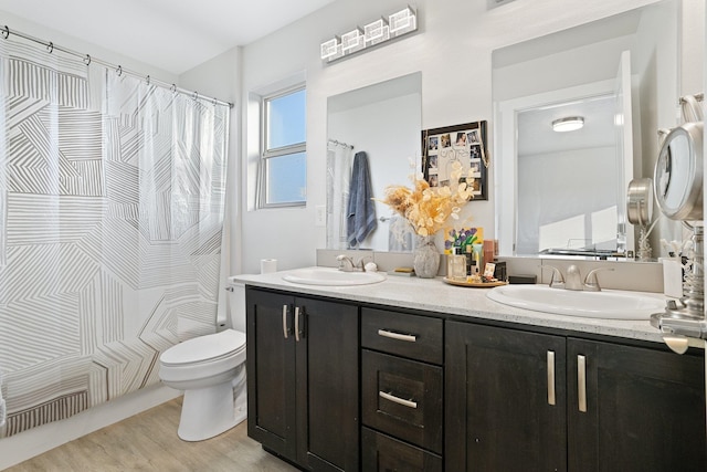 bathroom featuring toilet, vanity, and hardwood / wood-style floors