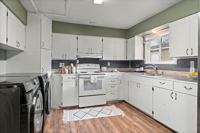 kitchen with washer and clothes dryer, sink, light hardwood / wood-style flooring, white range with electric cooktop, and white cabinetry