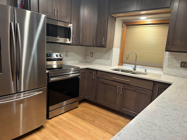 kitchen featuring light hardwood / wood-style floors, stainless steel appliances, decorative backsplash, dark brown cabinetry, and sink