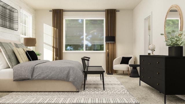 bedroom featuring light colored carpet