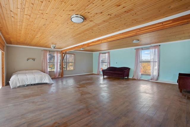 unfurnished bedroom with wood-type flooring, crown molding, and wood ceiling