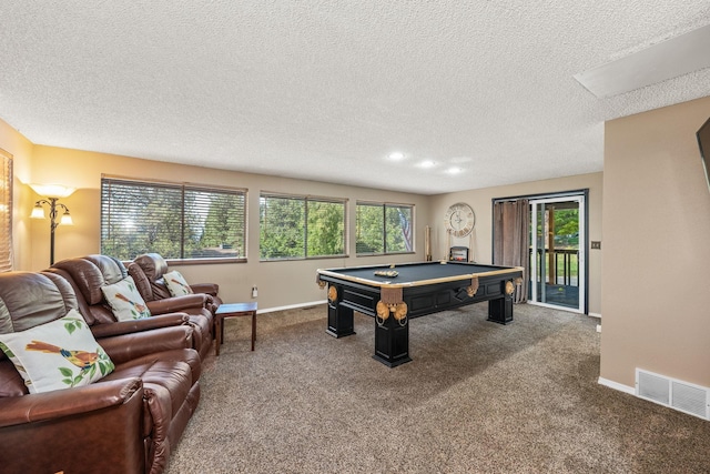 playroom featuring carpet flooring, a textured ceiling, and billiards