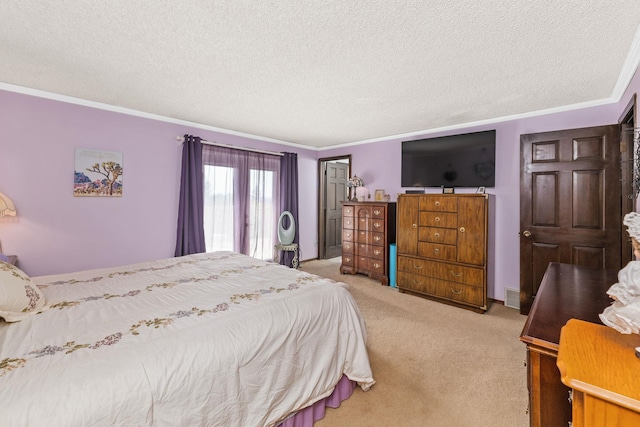 bedroom with light carpet, a textured ceiling, and crown molding