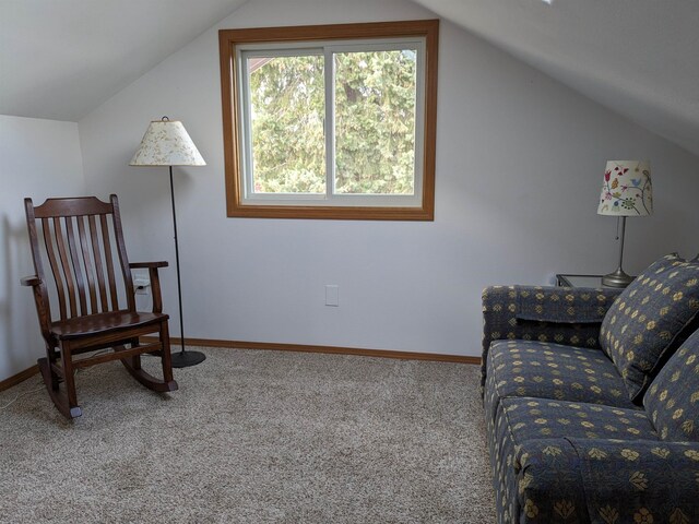 living area featuring carpet flooring and vaulted ceiling