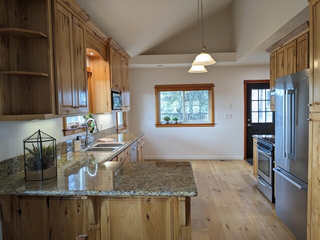 kitchen with a wealth of natural light, light wood-type flooring, sink, and appliances with stainless steel finishes