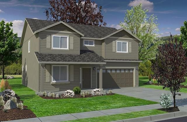 craftsman inspired home with a garage and a front lawn