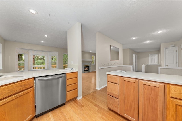 kitchen with light hardwood / wood-style flooring, stainless steel dishwasher, a textured ceiling, and sink