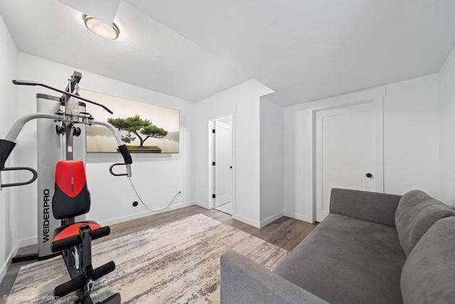 exercise room with hardwood / wood-style floors and a textured ceiling