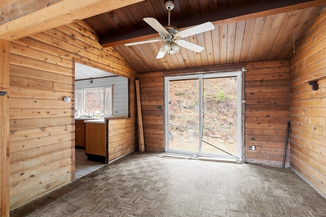 empty room featuring ceiling fan, vaulted ceiling with beams, dark parquet floors, wood walls, and wood ceiling