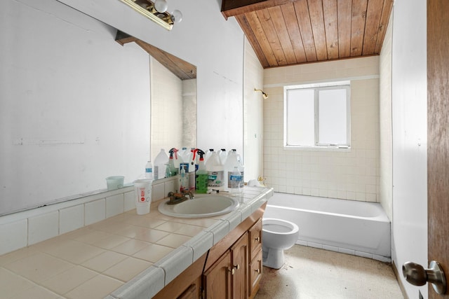 full bathroom with wood ceiling, vanity, toilet, tiled shower / bath, and lofted ceiling