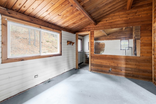 unfurnished room with lofted ceiling with beams, wood ceiling, and wooden walls