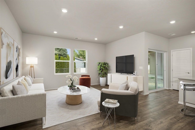 living room with dark hardwood / wood-style flooring