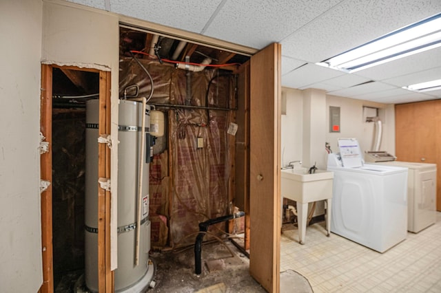 washroom featuring secured water heater, electric panel, and washing machine and clothes dryer