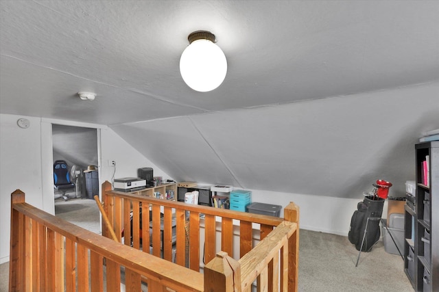 bonus room with light colored carpet and vaulted ceiling