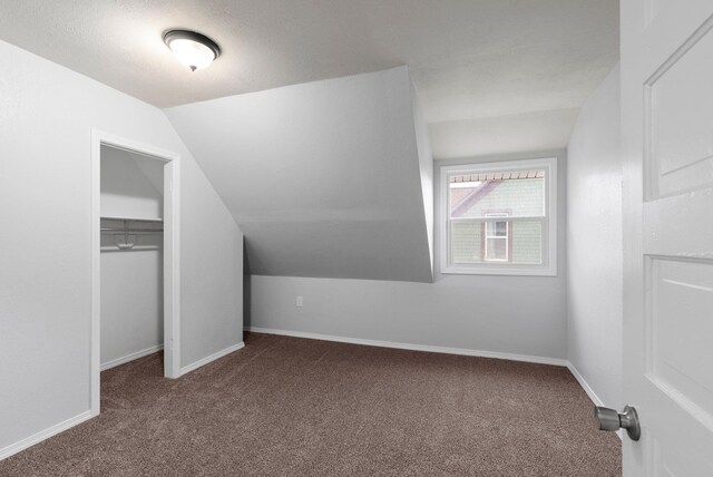 additional living space featuring a healthy amount of sunlight, lofted ceiling, and dark colored carpet