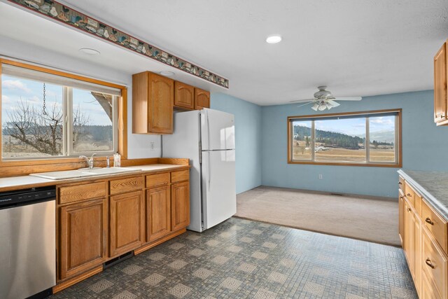 kitchen with sink, stainless steel dishwasher, a healthy amount of sunlight, and white fridge