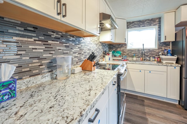 kitchen with dark wood-type flooring, exhaust hood, sink, appliances with stainless steel finishes, and white cabinetry